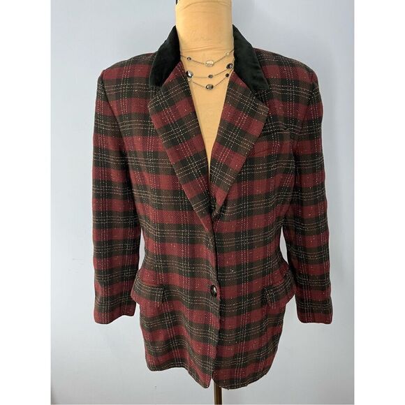 Vintage J. H. Collectibles Women’s U.S. 12 100% Virgin Wool Red Black Blazer - Picture 1 of 10